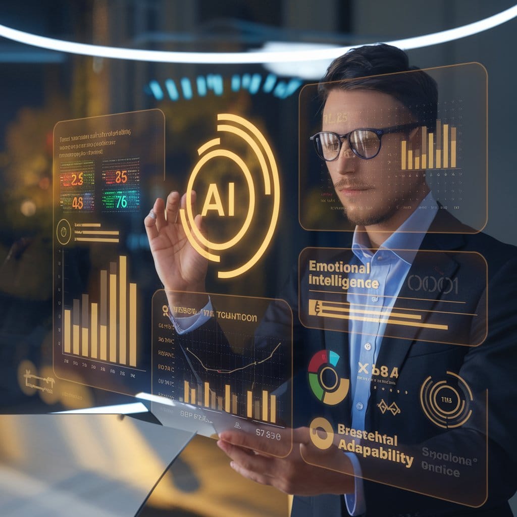 An HR professional analyzing a futuristic AI-driven interface displaying candidates’ soft skills, such as emotional intelligence and adaptability, with glowing charts and modern visuals representing innovation in hiring practices.